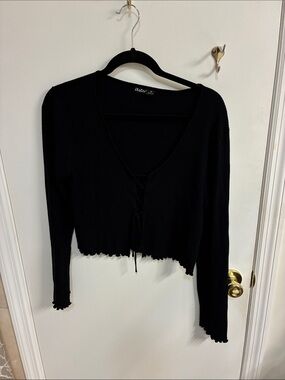 Aster Black Ribbed Lace-Up V-Neck Crop Top Sz 2X